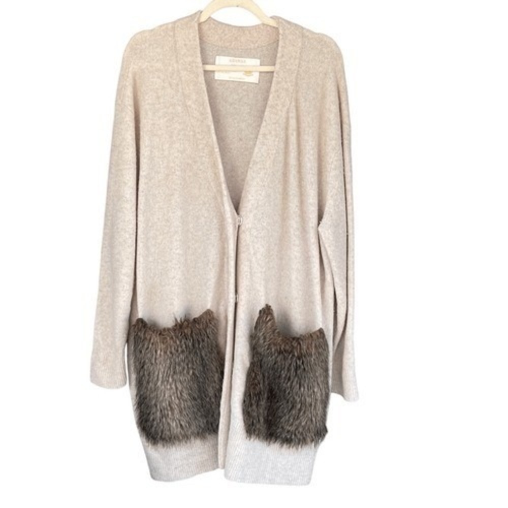 T5 Vintage ADAWAS Beige Wool Blend Fuzzy Fur Pocket Long Cardigan Sweater Coat‎